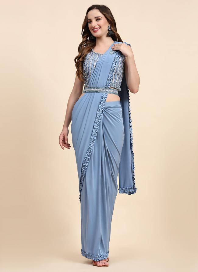 Imported Blue Party Wear Embroidery Work Readymade Saree